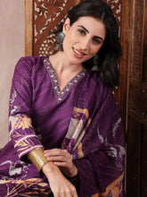 Women Purple Silk Blend Floral Printed Straight Kurta Trouser With Dupatta-PKSKD2536PPL